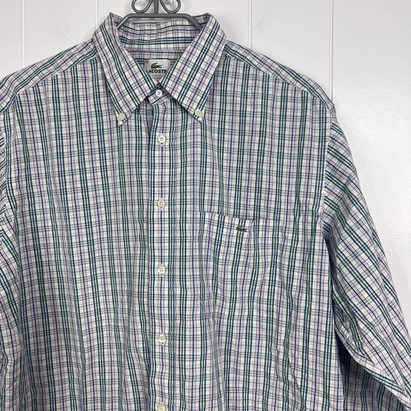 LaCoste Men's Button Down Green/Purple Plaid with Front Pocket SZ 46 - Picture 3 of 7